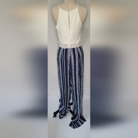 NWT I.N. Blue White Stripe Sleeveless Lace Bodice Wide Leg Jumpsuit, Sz 11 - Picture 6 of 15